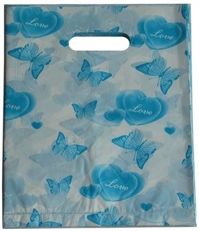 Plastic cadeau tasjes 25x20 vlinders blauw (100 stuks)