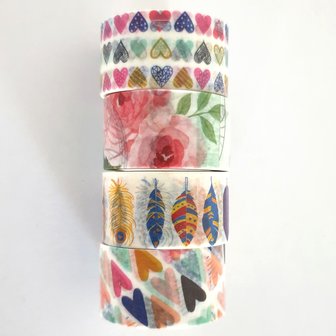 Washi tape set 4 stuks 20 mm x 5 meter - hartjes, veertjes, rozen love / decoratie tape masking tape