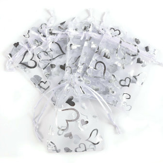 Organza bags white with silver hearts - 10x14 cm 100 pieces