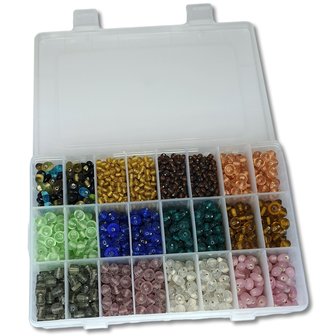 Glass beads - mix - in dispenser box 725 grams, 4 to 9 mm - beads hobby adults