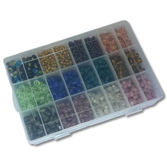 Glaskralen - kleuren mix - in kralendoos 725 gram, 4 tot 9 mm - kralen hobby volwassenen 