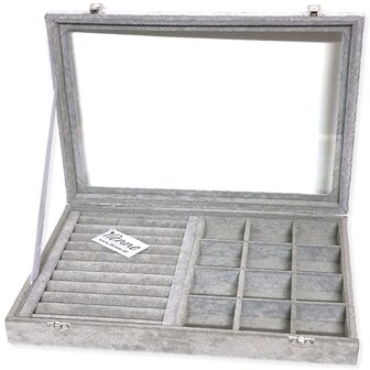 Jewelery box Gray with ring cushion and compartments with lid