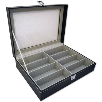 Brillendoos met glazen deksel - 8 vakken - zwart met grijze binnenkant - brillen opbergen / brillen opbergbox