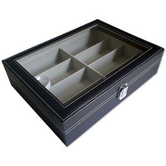 Brillendoos met glazen deksel - 8 vakken - zwart met grijze binnenkant - brillen opbergen / brillen opbergbox