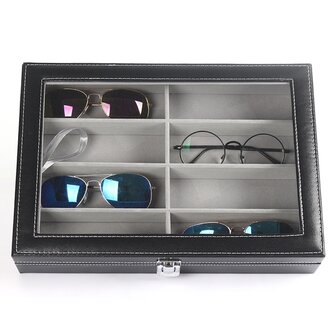 Brillendoos met glazen deksel - 8 vakken - zwart met grijze binnenkant - brillen opbergen / brillen opbergbox