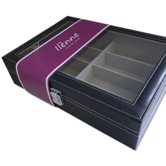 Brillendoos met glazen deksel - 8 vakken - zwart met grijze binnenkant - brillen opbergen / brillen opbergbox