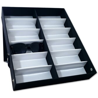 Brillendoos / Brillen opbergbox - 12 vakken - Zwart met witte binnenkant - brillen opbergen 