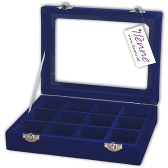 Sieradendoosje met deksel - 20x15 cm - Donker Blauw - 12 vakjes