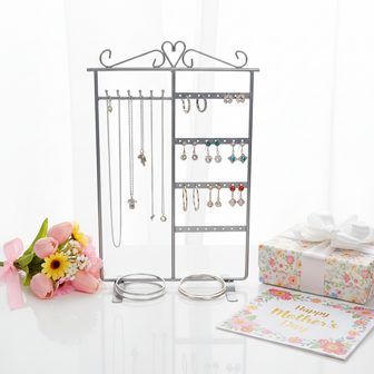 Kettinghouder &amp; oorbellenhouder in 1 - metaal sieradenrekje - zilver grijs - 23x9x35 cm