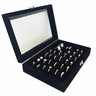 Sieradendoos Ringen &amp; Oorbellen &ndash; Luxe Velours Ringendoos met Deksel &ndash; 7 Sleuven &ndash; Organizer voor 35-42 Ringen &amp; Manchetknopen &ndash; Cadeau voor Haar
