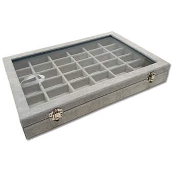 Sieradendoos - Grijs - 36 vakjes - met deksel - 35x24x5cm - velours - oorbellen organizer