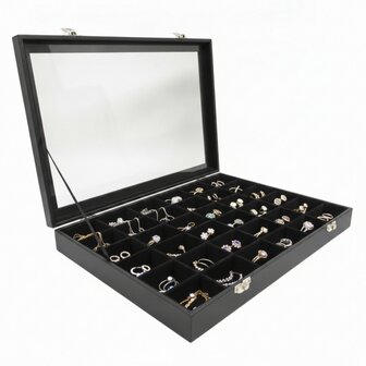 Sieradendoos / Juwelendoos - Zwart -36 vakjes - met deksel - 35x24x5 cm / Edelstenen doos