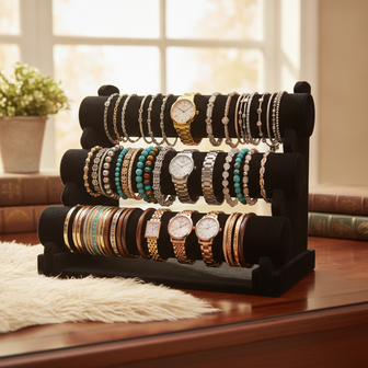 Armbanden &amp; Horloge houder - 3 Rollen - Zwart velours - 30,5x17,5x23 cm