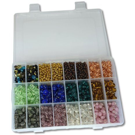 Glaskralen - kleuren mix - in kralendoos 725 gram, 4 tot 9 mm - kralen hobby volwassenen 