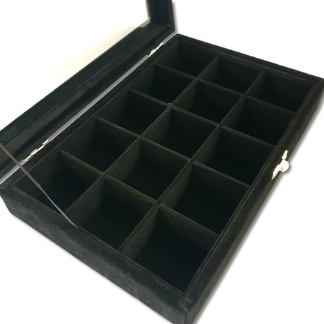 Sieradendoos  - 15 vakjes - zwart - met deksel - 23x15x5 cm