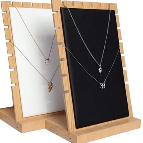 Porte-bijoux collier debout - bois avec simili cuir noir -17.5x10x25xcm