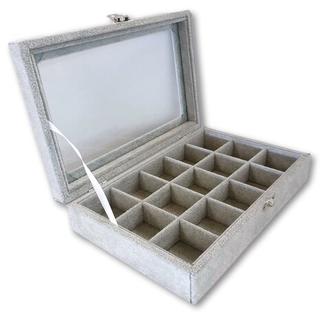 Jewelry box - 15 compartments - gray - with lid - 23x15x5 cm