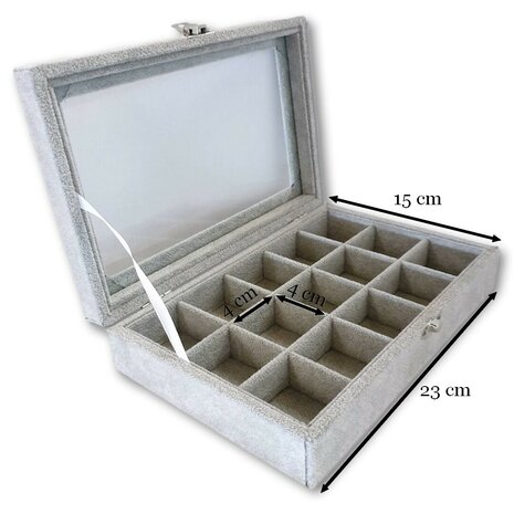 Jewelry box - 15 compartments - gray - with lid - 23x15x5 cm