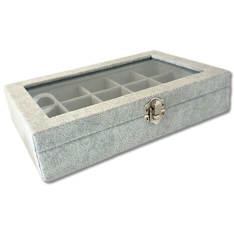 Jewelry box - 15 compartments - gray - with lid - 23x15x5 cm