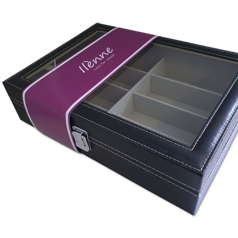 Brillendoos met glazen deksel - 8 vakken - zwart met grijze binnenkant - brillen opbergen / brillen opbergbox