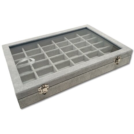 Sieradendoos - Grijs - 36 vakjes - met deksel - 35x24x5cm - velours - oorbellen organizer