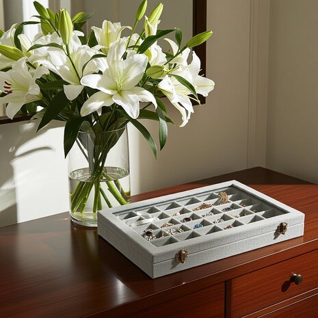 Sieradendoos - Grijs - 36 vakjes - met deksel - 35x24x5cm - velours - oorbellen organizer