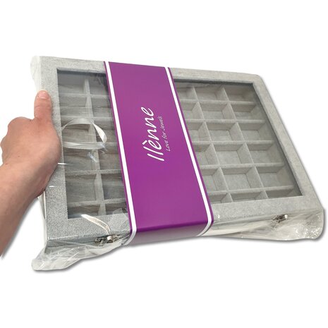 Sieradendoos - Grijs - 36 vakjes - met deksel - 35x24x5cm - velours - oorbellen organizer