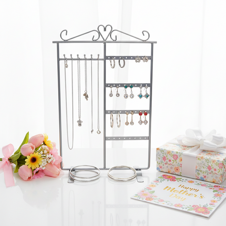 Kettinghouder & oorbellenhouder in 1 - metaal sieradenrekje - zilver grijs - 23x9x35 cm