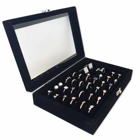 Sieradendoos Ringen & Oorbellen &ndash; Luxe Velours Ringendoos met Deksel &ndash; 7 Sleuven &ndash; Organizer voor 35-42 Ringen & Manchetknopen &ndash; Cadeau voor Haar