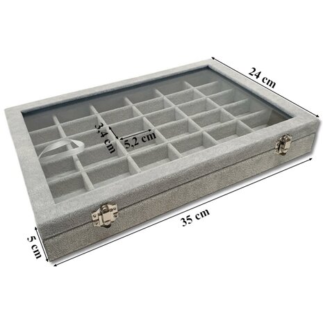 Sieradendoos - Grijs - 36 vakjes - met deksel - 35x24x5cm - velours - oorbellen organizer