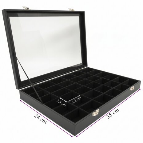 Sieradendoos / Juwelendoos - Zwart -36 vakjes - met deksel - 35x24x5 cm / Edelstenen doos