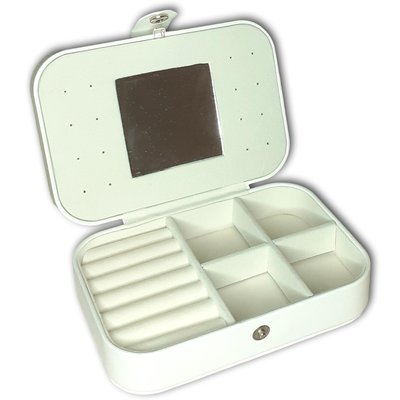 Sieradendoosje - wit - met spiegeltje en drukknoop voor op reis - sieraden organizer