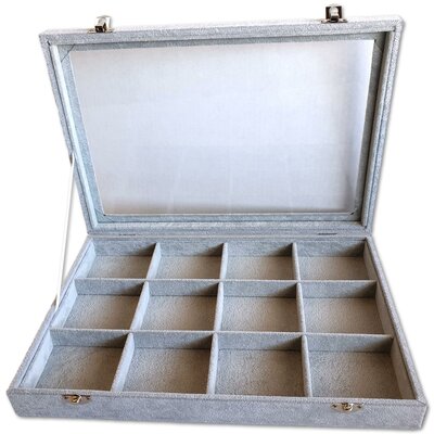 Jewelery box - 12 compartments - Gray velvet - with lid - 35x24x5 cm
