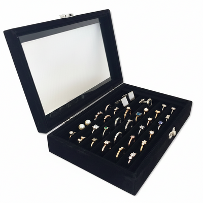 Sieradendoos Ringen & Oorbellen – Luxe Velours Ringendoos met Deksel – 7 Sleuven – Organizer voor 35-42 Ringen & Manchetknopen – Cadeau voor Haar