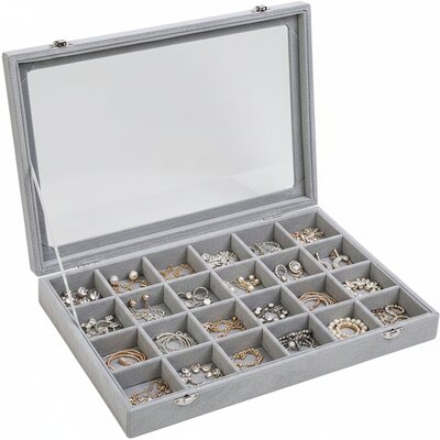 Sieradendoos - 24 vakken - Grijs velours - met deksel